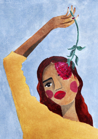 Painting of a woman with red hair holding a pink flower to her face, titled "Magda with flower" by Raissa Oltmanns.