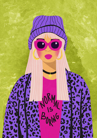 Illustration of a stylish woman in purple sunglasses and coat with "Normal is boring" shirt on green background.