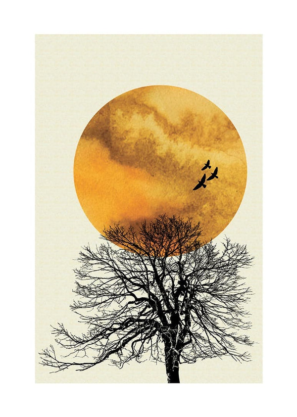 Minimalist poster featuring a leafless tree and birds flying in front of a large orange sunrise.
