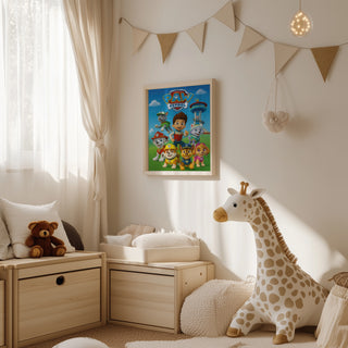 Paw Patrol children's poster hanging on a nursery wall above light wooden furniture and plush toys.