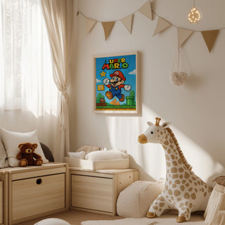 Framed Super Mario poster hanging on the wall in a cozy, sunlit children's room with toys and decor.