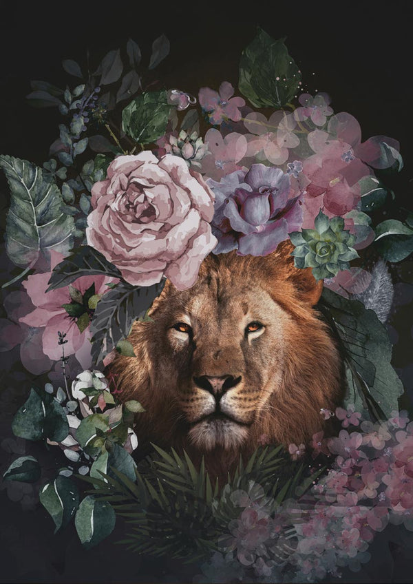 Illustration of a lion's head surrounded by colorful flowers, featured on the Løve med blomster poster.