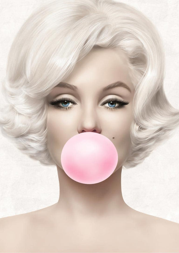Poster of Marilyn Monroe with platinum blonde hair blowing a pink bubblegum, set against a light background.