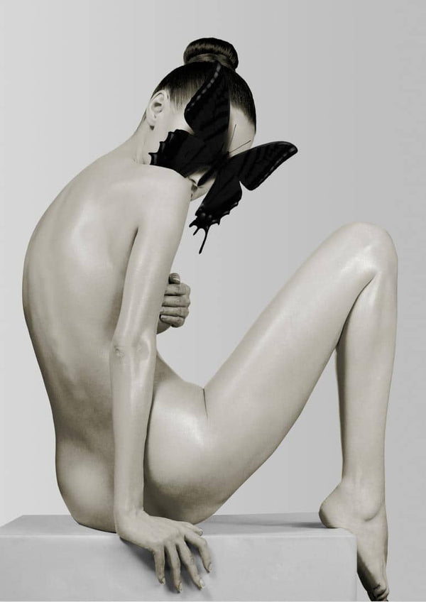 Artistic poster of a nude woman sitting, face partly covered by a large black butterfly on her shoulder.
