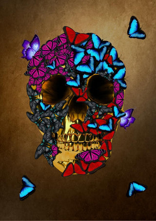 Golden skull with vibrant blue and purple butterflies on a brown background poster.