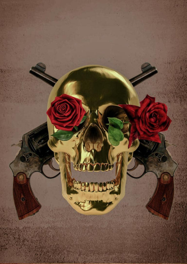 Guns n Roses poster featuring a gold skull with roses for eyes and two crossed pistols in the background.
