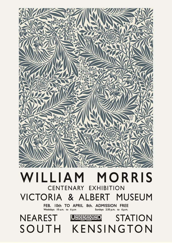 William Morris grey poster with intricate floral patterns, advertising a Victoria & Albert Museum exhibition.