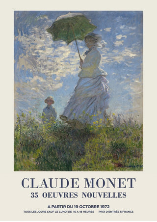 Poster of Monet’s "Madame Monet and Her Son," depicting a woman with an umbrella standing beside her child outdoors.