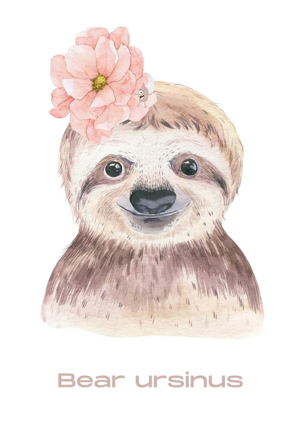 Cute illustrated læbebjørn with a pink flower on its head, perfect for children's room decor.