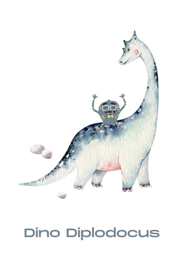 Cute illustration of a Diplodocus dinosaur with a smiling child riding on its back, perfect for kids' rooms.