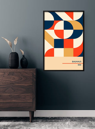 1919 Bauhaus Poster #2 with geometric shapes and bold colors, framed and hung on a modern interior wall.