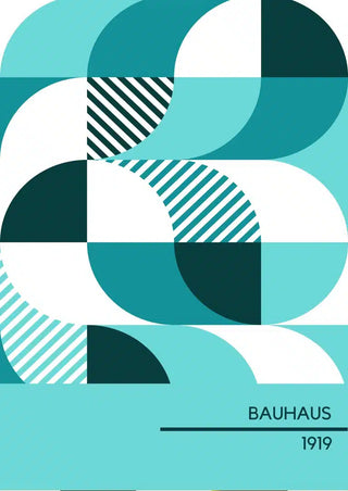 Geometric Bauhaus 1919 poster with teal, white, and black abstract shapes and stripes, modern minimalist design.