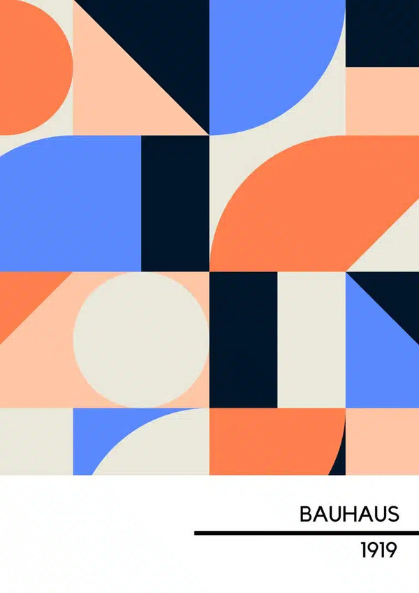 1919 Bauhaus Poster #6 with abstract geometric shapes in blue, orange, black, and beige on a white background.