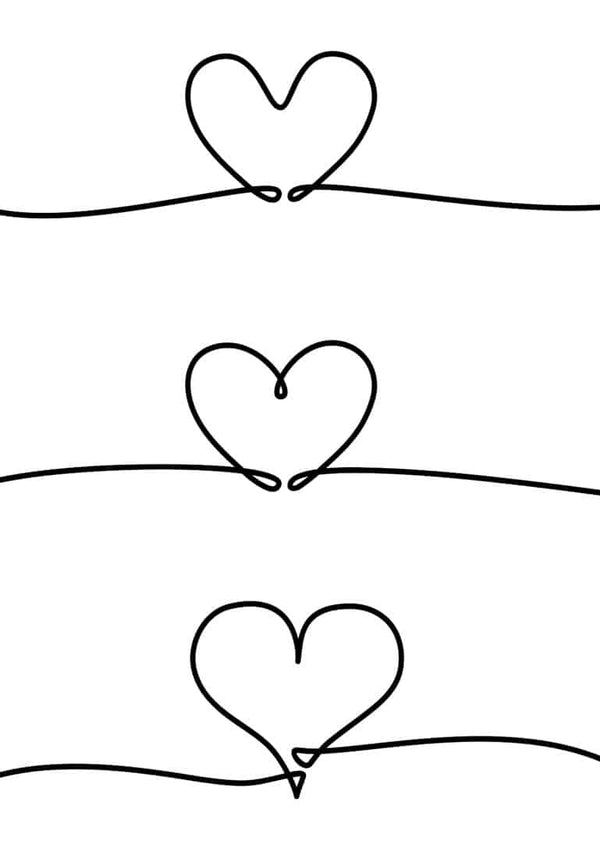 Minimalist poster with three hearts drawn in a single line, each heart aligned horizontally.