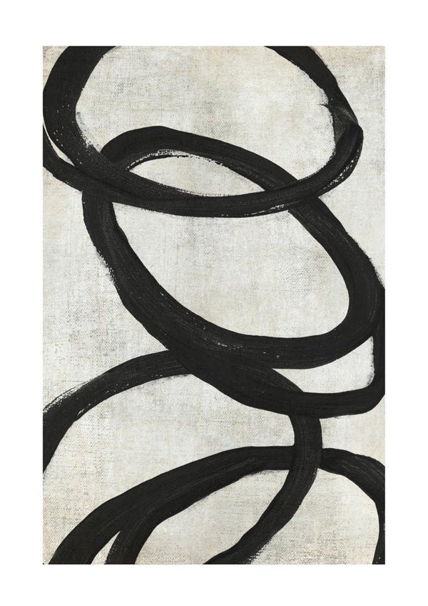Abstract art print featuring bold, overlapping black circles on a light textured background for wall decor.