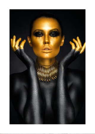 Fashion poster of a woman with gold makeup, golden hands, and statement necklace on a dark background.