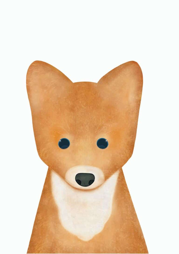 Cute illustrated fox with big ears and white chest, designed for children's room wall decor.