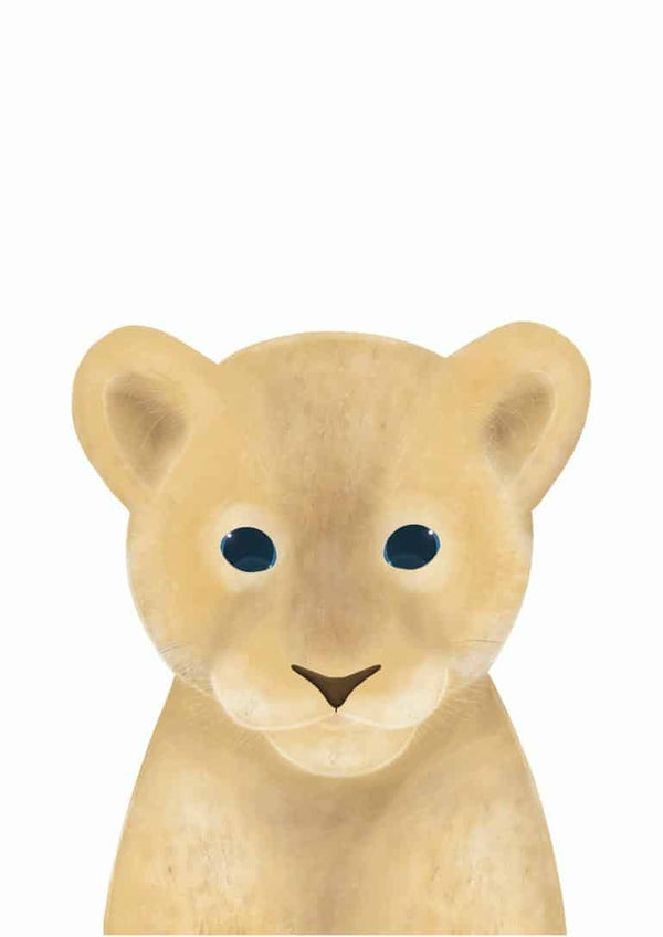 Cute illustrated lion cub with big eyes on a white background, perfect for children's room decor.