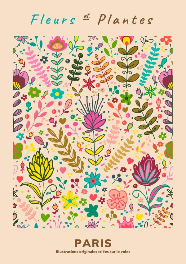 Colorful floral illustration art print with whimsical flowers and plants, titled "Fleurs et Plantes Paris #4".
