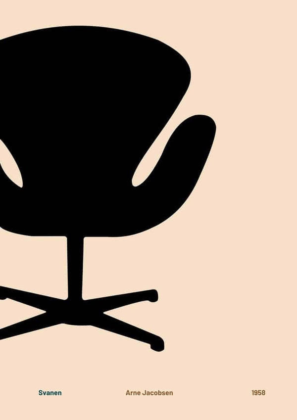Minimalist poster of Arne Jacobsen’s Swan chair in black silhouette on a beige background, ideal for living room decor.