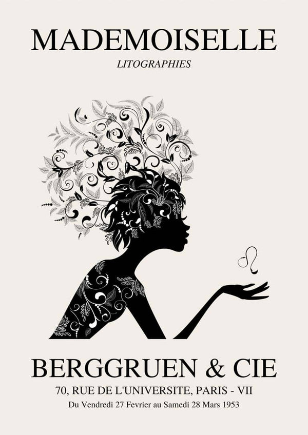 Poster for Mademoiselle exhibition #1 featuring a floral silhouette of a woman and event details in Paris, 1953.