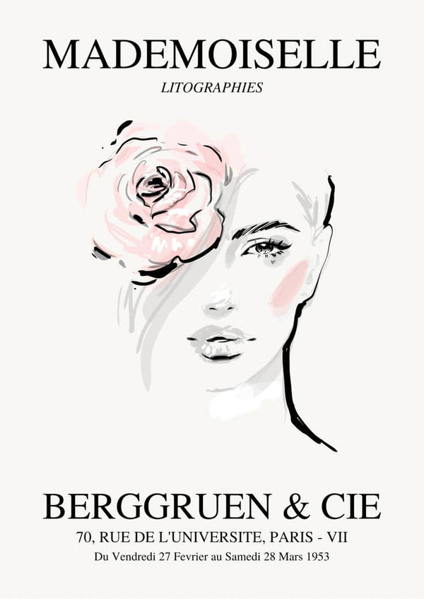 Poster for Mademoiselle exhibition #3 featuring a minimalist female portrait with a large pink rose.
