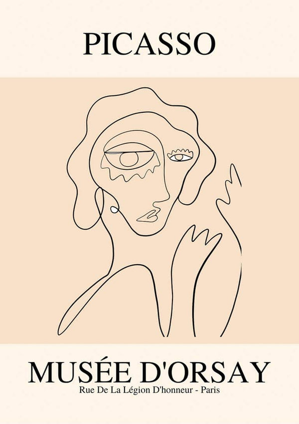 Minimalist Picasso-style line drawing of a woman, with "Musée d'Orsay" and Paris text below.
