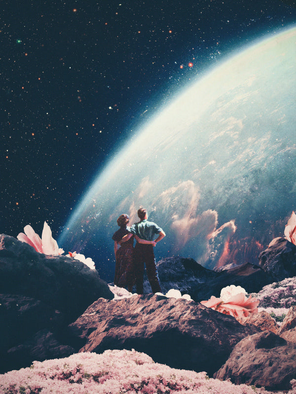 Two people stand on a rocky landscape with crystals, gazing at Earth from space; Often Mistaken for Absent artwork.