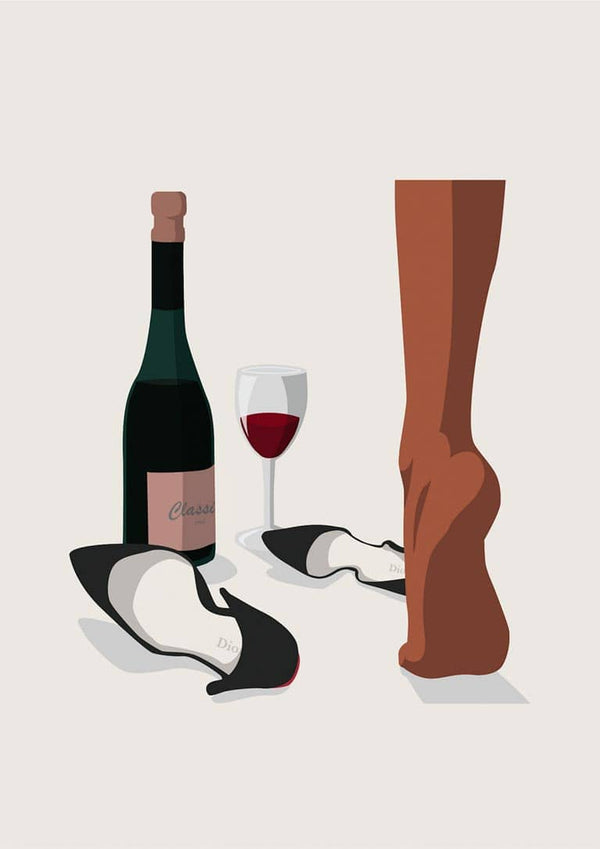 Retro poster with a wine bottle, glass of red wine, high heels, and bare legs on a minimalist background.