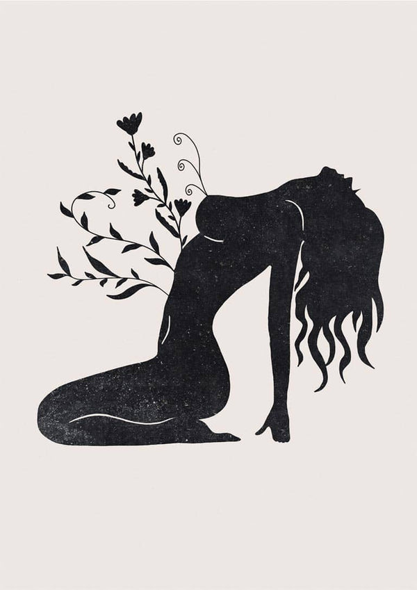 Minimalist illustration of a woman in a yoga pose with flowers and leaves growing from her back.