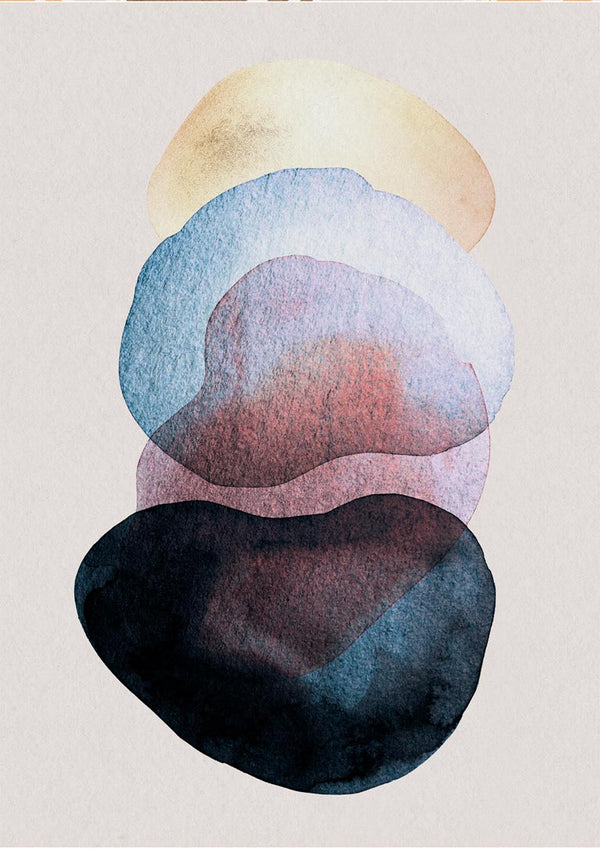 Abstract watercolor poster with overlapping organic shapes in soft beige, blue, and black tones on a light background.