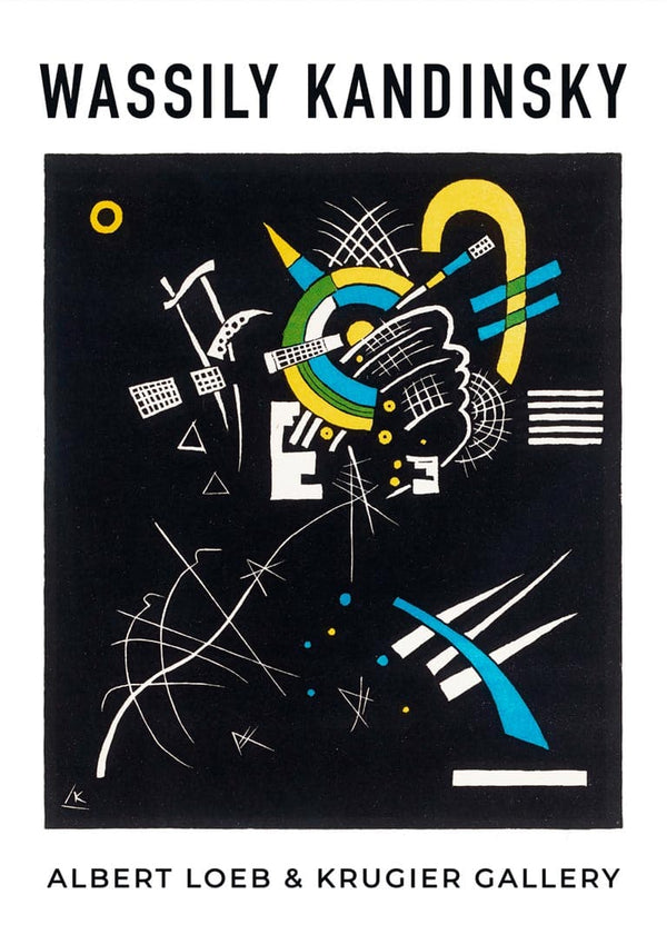 Abstract geometric shapes and vibrant colors on a black background, poster for Wassily Kandinsky at Krugier Gallery.