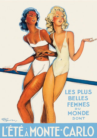 Two women in vintage swimsuits standing together, with "L'Été à Monte-Carlo" written at the bottom.