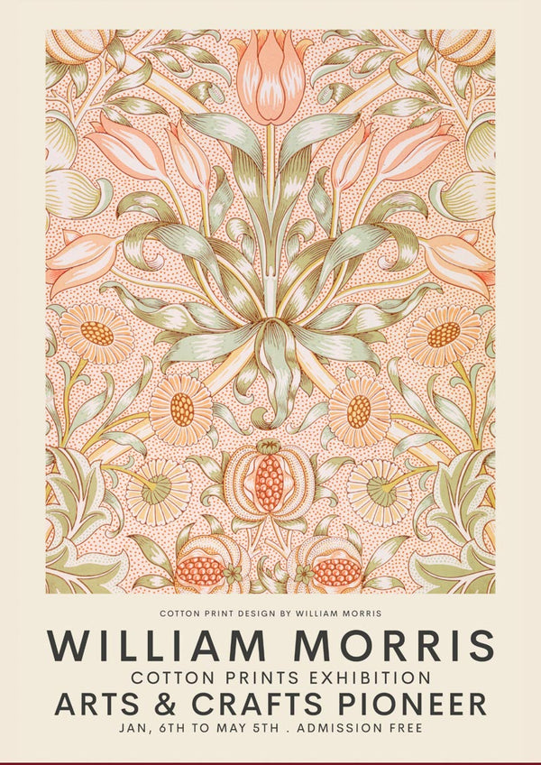 Poster featuring William Morris floral design for Pink Exhibition, with event details and decorative patterns.