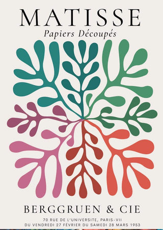 Poster of colorful coral shapes inspired by Matisse cut-outs, displayed as wall art for home decor.