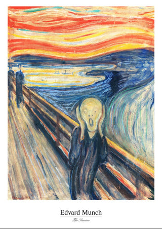 The Scream by Edvard Munch poster featuring a figure on a bridge with swirling, vibrant sky in the background.