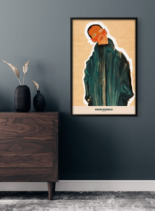 Egon Schiele Plakat poster displayed in a modern room with dark wall and minimalist decor.