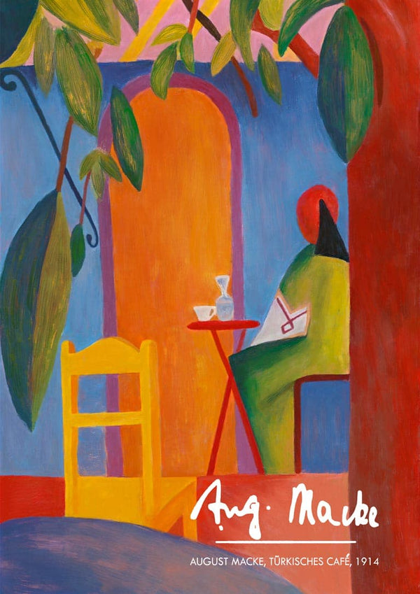 Colorful painting of a person sitting at a table in a café, with bold shapes and August Macke's signature.
