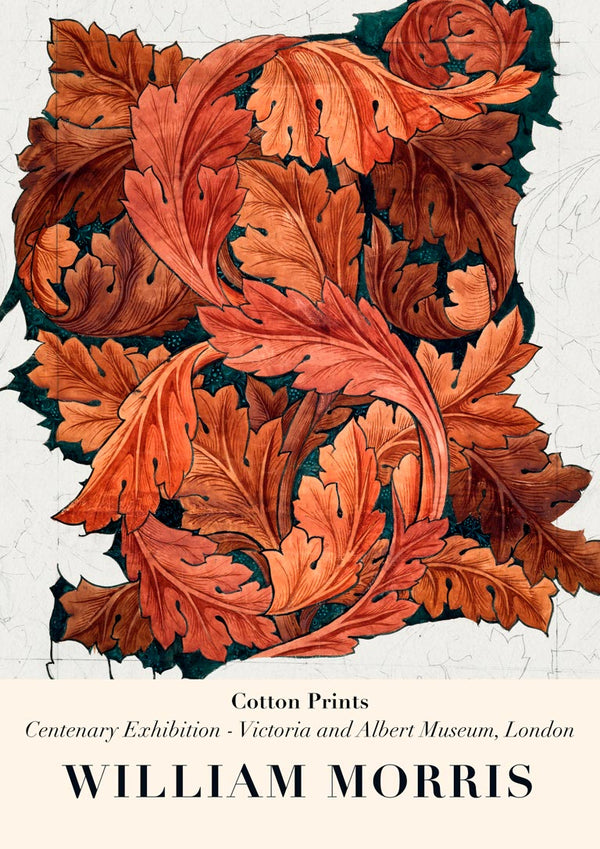 Acanthus leaf design in warm tones, poster for William Morris cotton prints from the Victoria and Albert Museum.