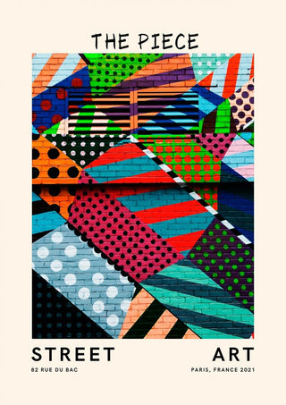 Colorful geometric street art mural with dots and stripes, titled "The Piece Plakat" on a product display.