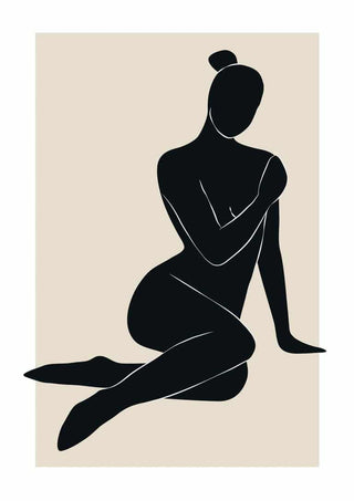 Minimalist illustration of a seated nude figure in black silhouette on a beige background, Abstractions Plakat.