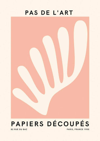 Abstract white cut-out shape on a pink background, inspired by Matisse, with French text "Pas de l'Art".