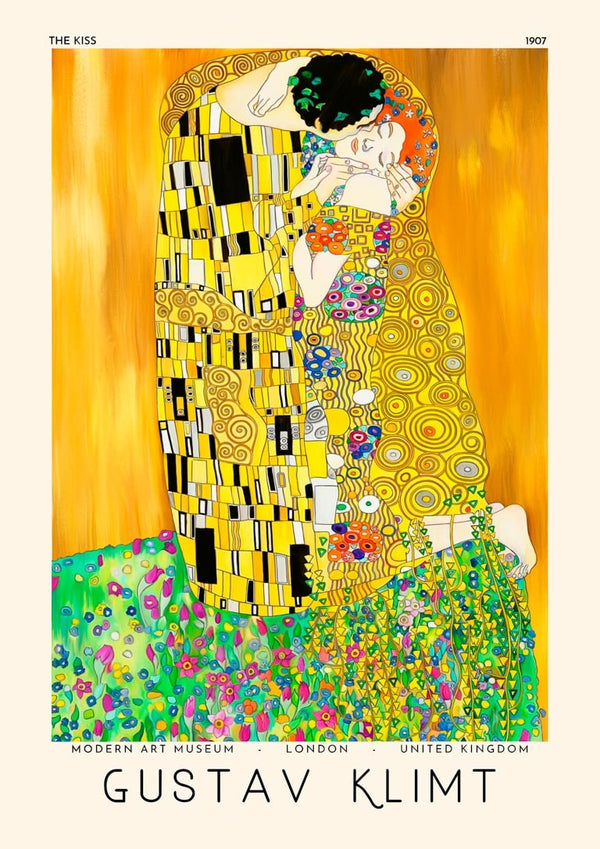 The Kiss by Gustav Klimt, a couple embracing in gold patterns on a vibrant floral field.