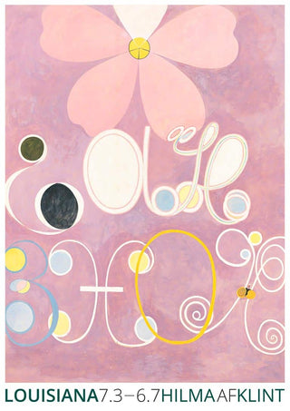 Abstract artwork by Hilma af Klint with pastel shapes, swirls, and a large pink flower on a soft background.