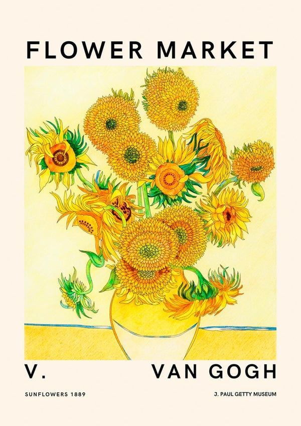 Poster of Van Gogh’s sunflowers in a vase with "Flower Market" text, featured on a product page.