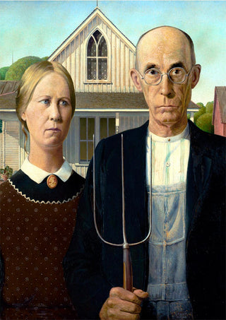 American Gothic by Grant Wood, depicting a stern farmer holding a pitchfork beside a woman, with a house in the background.