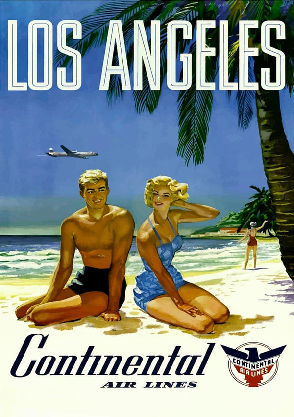 Vintage poster of a man and woman on a Los Angeles beach with palm trees, airplane, and Continental Air Lines logo.