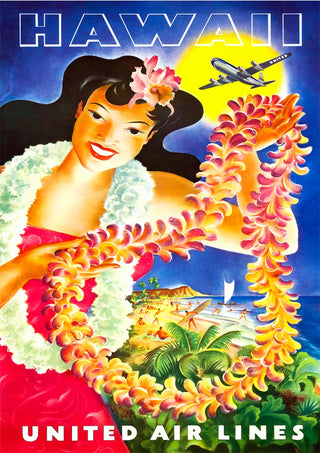 Vintage poster of a Hawaiian woman with leis, beach scene, and plane; text reads "Hawaii United Air Lines."