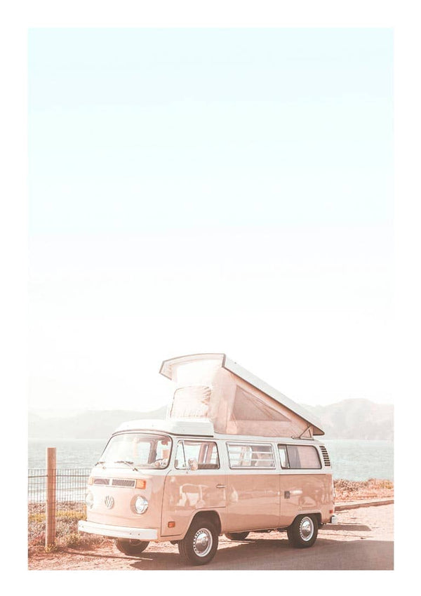 A pink vintage van with a pop-up roof parked by the sea, featured on the Pink Van at the Sea Plakat product page.