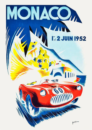 Vintage Monaco poster featuring a red race car, palm trees, and bold "MONACO 1er 2 JUIN 1952" text.